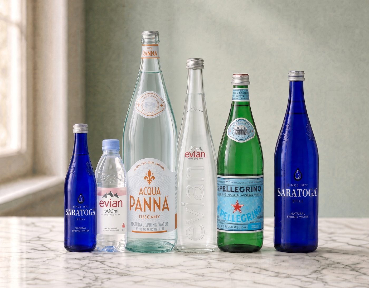 The Sorgente collection: evian, Acqua Panna, S.Pellegrino, and Saratoga in glass